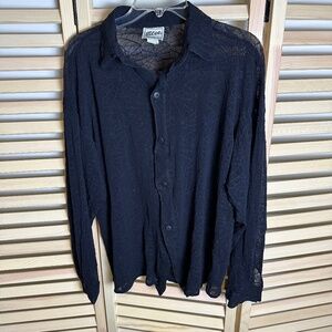 VINTAGE Elee Sheer Stretch Spider Web Print Button Front Shirt, Black | Sz XL